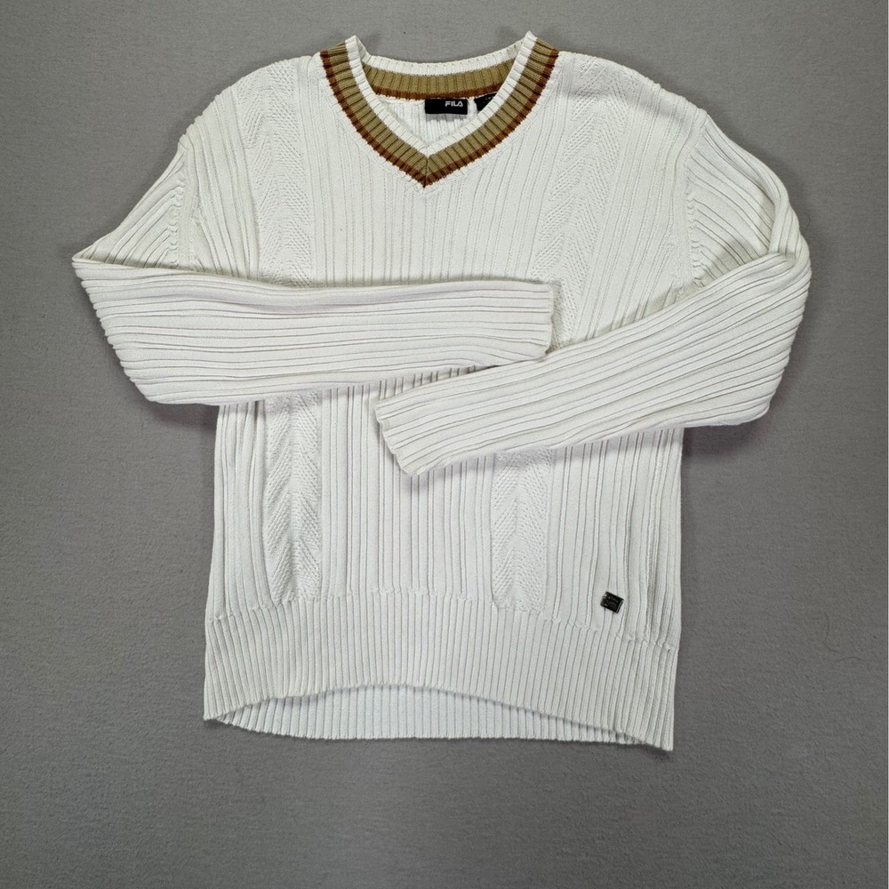 Fila‎ Mens Sweater Regular White V-Neck Striped Trim Cable Knit L
